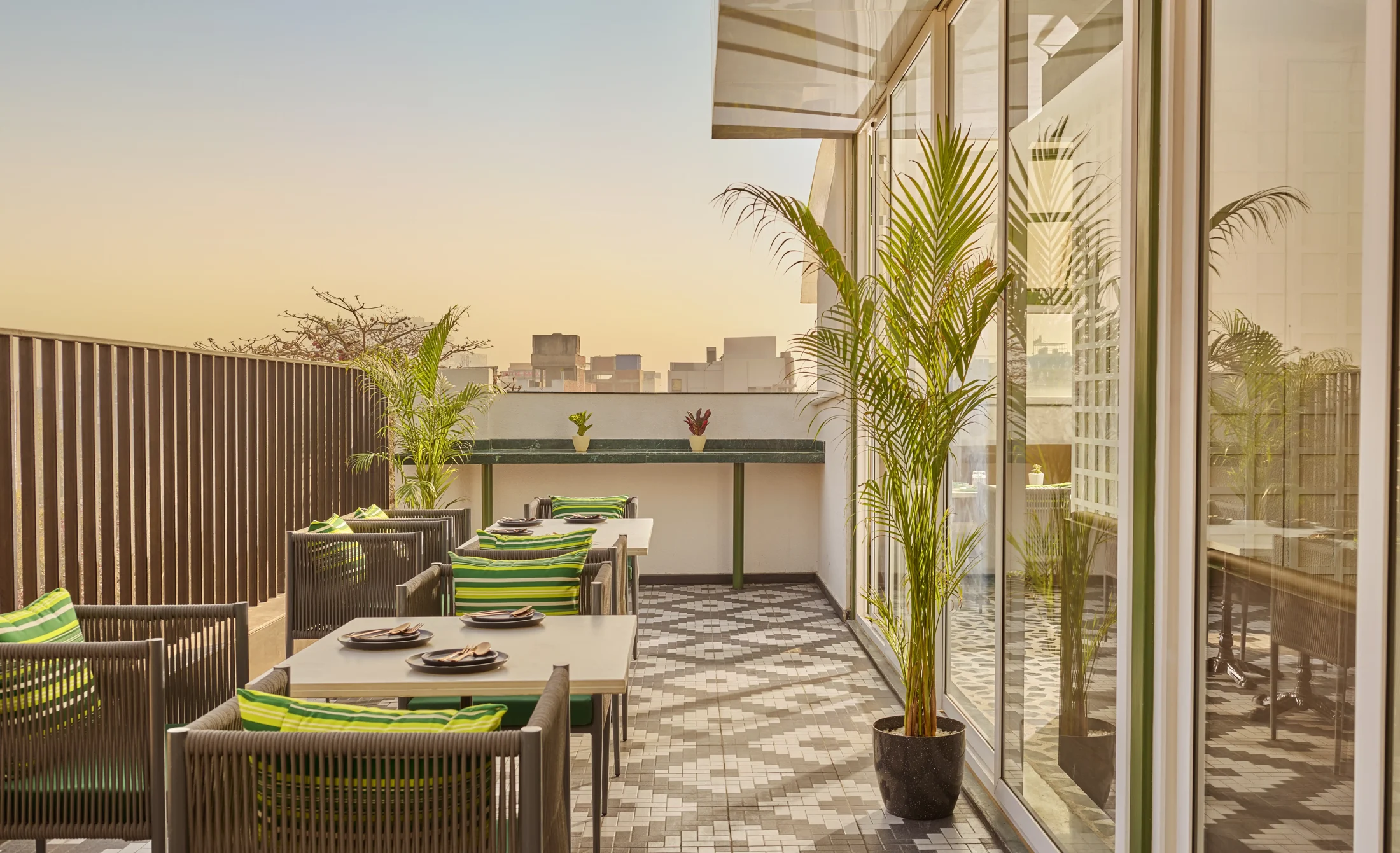 Cabami’s real rooftop terrace overlooking Varanasi at golden hour